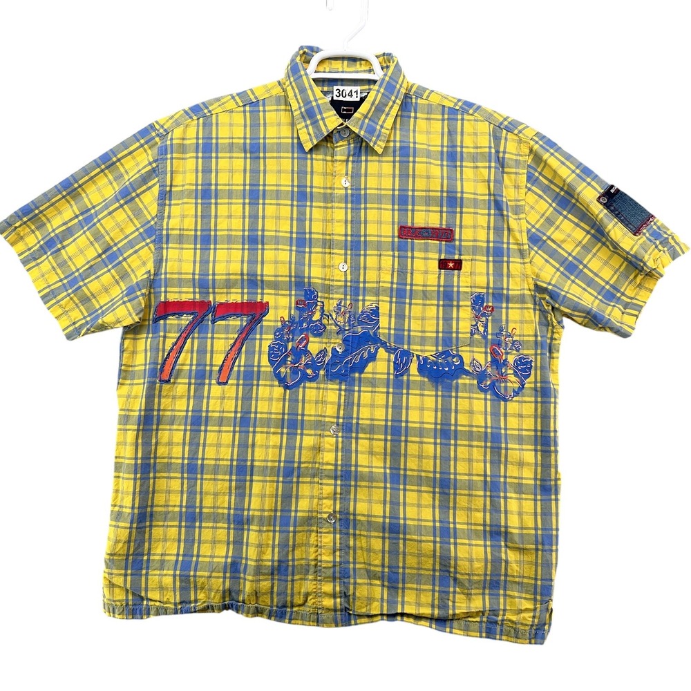 Bugle Boy Shirt Mens Large Yellow Blue Plaid Hibiscus 77 Graphics Short Sleeve